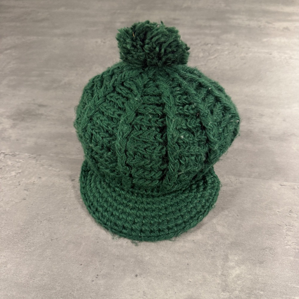 Vintage 70s Kmart Newsboy Cap Trucker Forest Green Cable Knit Pom Pom Beanie Hat
